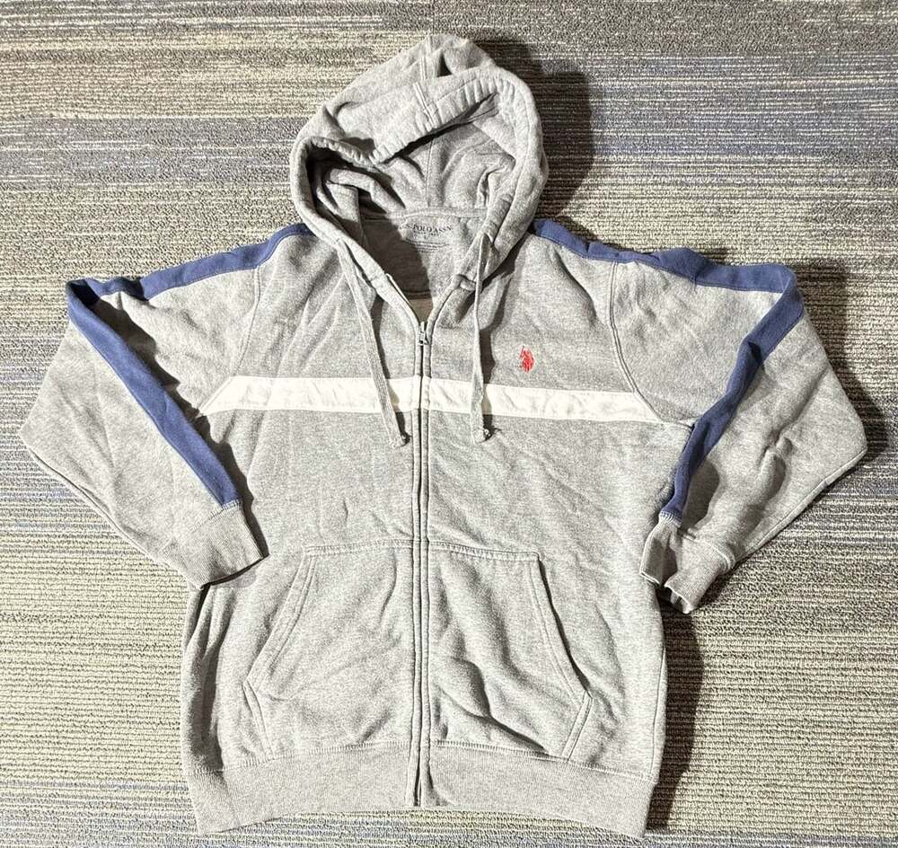 U.S. Polo Assn. Full-Zip Hoodie Size L Gray Blue Stripe